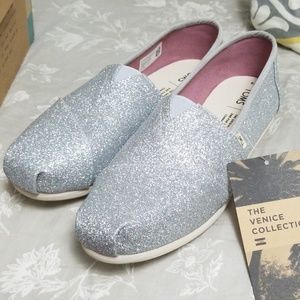 Toms silver iridescent glitter slip on shoes